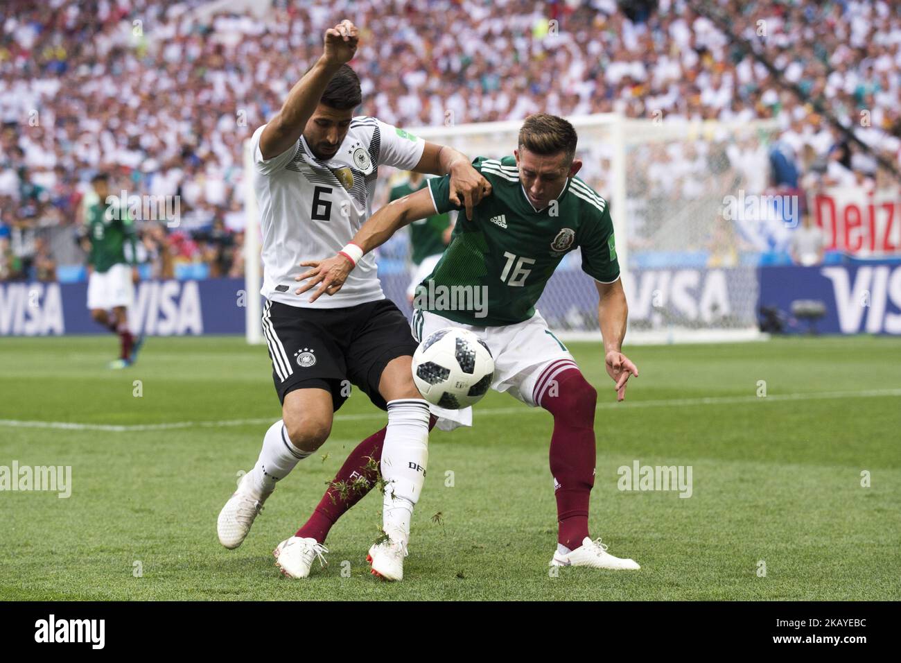 Sami Khedira of Germany and Hector Herrera of Mexico during the 2018 FIFA World Cup Russia Group F match between Germany and Mexico at Luzhniki Stadium in Moscow, Russia on June 17, 2018 (Photo by Andrew Surma/NurPhoto) Stock Photo