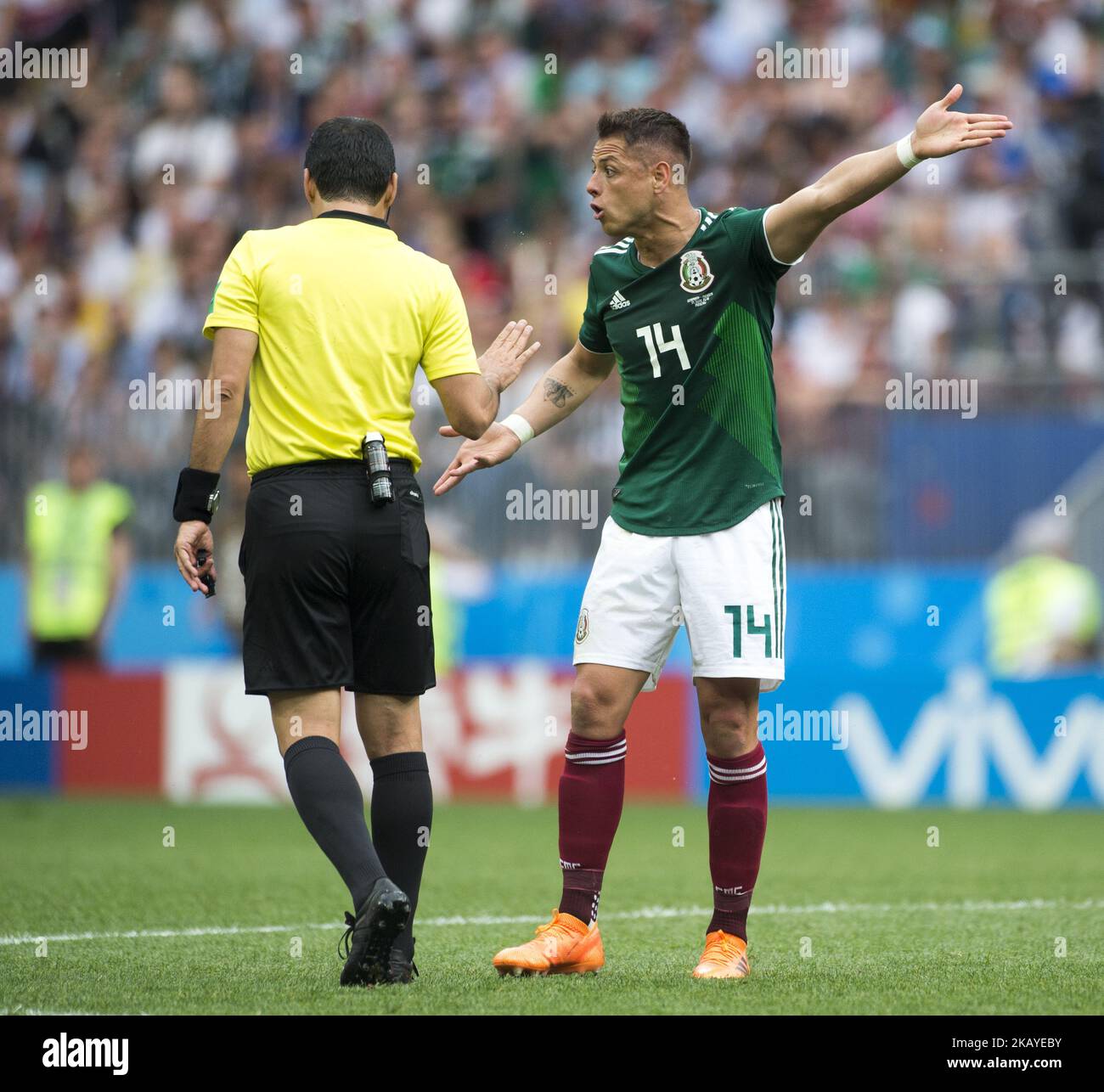 Javier Hernandez of Mexico reacts during the 2018 FIFA World Cup Russia Group F match between Germany and Mexico at Luzhniki Stadium in Moscow, Russia on June 17, 2018 (Photo by Andrew Surma/NurPhoto) Stock Photo