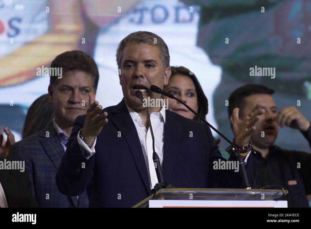 Elected President of Colombia Ivan Duque gestures after winning the presidential ballotage against leftist Gustavo Petro on June 17, 2018 in Bogota, Colombia. In the first round, Duque, candidate of the Centro Democratico party, had 39 percent of the votes and Petro 29 per cent. It is the first election after the historic peace agreement with guerillas signed in 2016. (Photo by Daniel Garzon Herazo/NurPhoto) Stock Photo