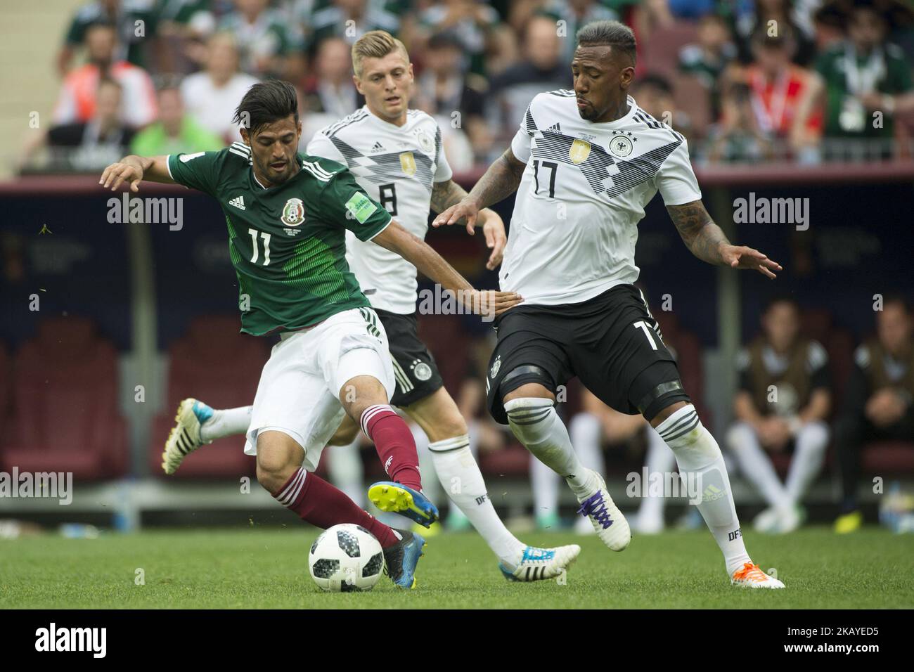 Carlos Vela of Mexico and Jerome Boateng of Germany during the 2018 FIFA World Cup Russia Group F match between Germany and Mexico at Luzhniki Stadium in Moscow, Russia on June 17, 2018 (Photo by Andrew Surma/NurPhoto) Stock Photo