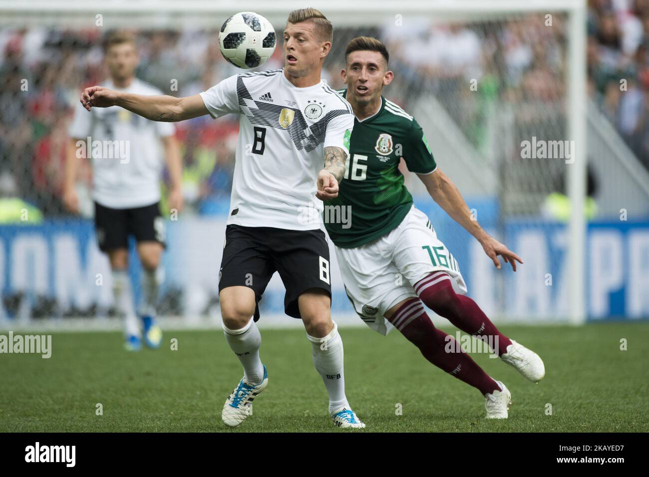 Toni Kroos of Germany and Hector Herrera of Mexico during the 2018 FIFA World Cup Russia Group F match between Germany and Mexico at Luzhniki Stadium in Moscow, Russia on June 17, 2018 (Photo by Andrew Surma/NurPhoto) Stock Photo