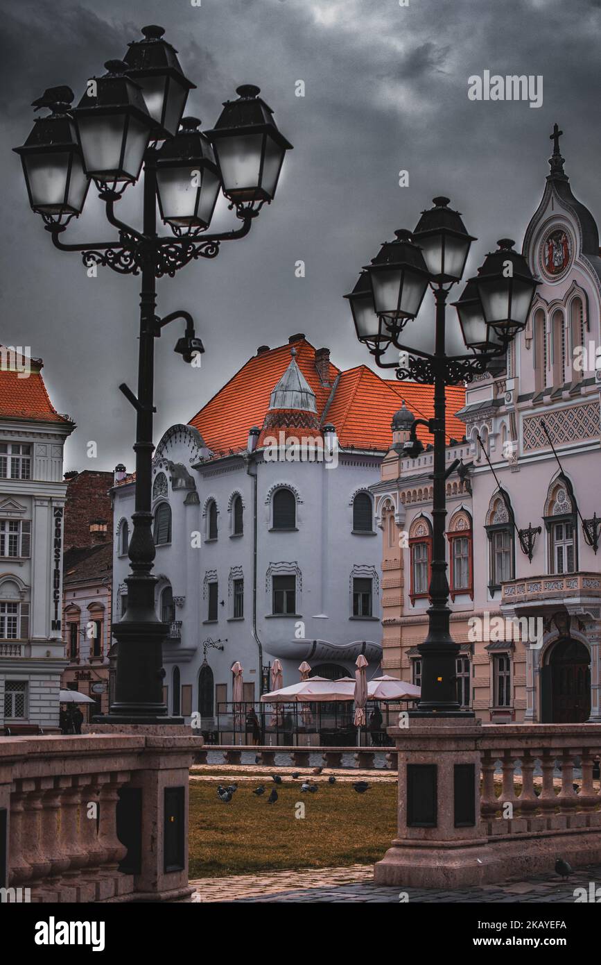 A vertical shot of an urban scenery with old-fashioned buildings and ...