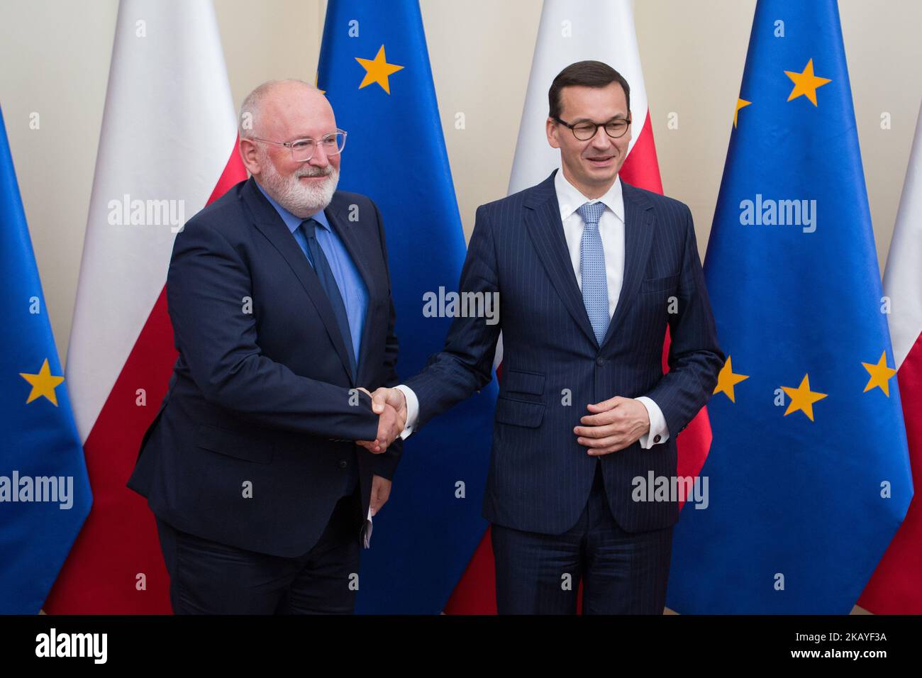First Vice-President of European Commission Frans Timmermans (L) and Polish Prime Minister Mateusz Morawiecki (R) during a meeting at Chancellery of the Prime Minister in Warsaw, Poland on 18 June 2018. PM Morawiecki and Timmermans will discuss the rule of law in Poland (Photo by Mateusz Wlodarczyk/NurPhoto) Stock Photo