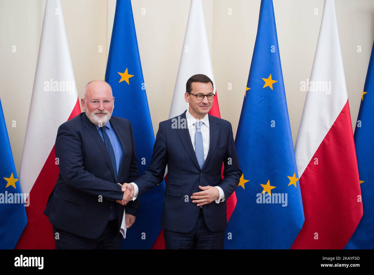 First Vice-President of European Commission Frans Timmermans (L) and Polish Prime Minister Mateusz Morawiecki (R) during a meeting at Chancellery of the Prime Minister in Warsaw, Poland on 18 June 2018. PM Morawiecki and Timmermans will discuss the rule of law in Poland (Photo by Mateusz Wlodarczyk/NurPhoto) Stock Photo
