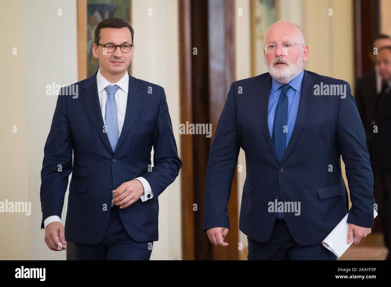First Vice-President of European Commission Frans Timmermans (R) and Polish Prime Minister Mateusz Morawiecki (L) during a meeting at Chancellery of the Prime Minister in Warsaw, Poland on 18 June 2018. PM Morawiecki and Timmermans will discuss the rule of law in Poland (Photo by Mateusz Wlodarczyk/NurPhoto) Stock Photo