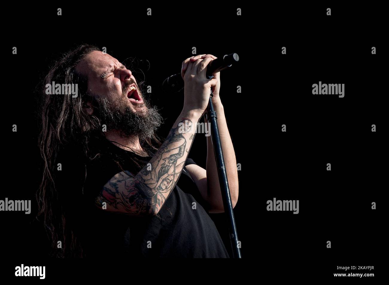 American singer and musician Jonathan Davis best known as the lead vocalist and frontman of Nu Metal band Korn performs live on stage during Firenze Rocks festival at Visarno Arena , Florence, Italy on 16 June 2018. Photo by Giuseppe Maffia (Photo by Giuseppe Maffia/NurPhoto) Stock Photo