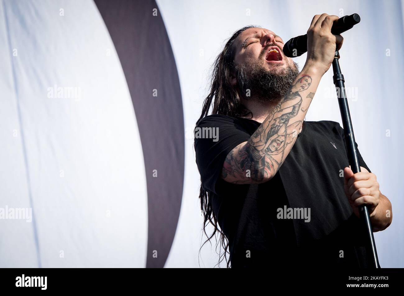 American singer and musician Jonathan Davis best known as the lead vocalist and frontman of Nu Metal band Korn performs live on stage during Firenze Rocks festival at Visarno Arena , Florence, Italy on 16 June 2018. (Photo by Giuseppe Maffia/NurPhoto) Stock Photo