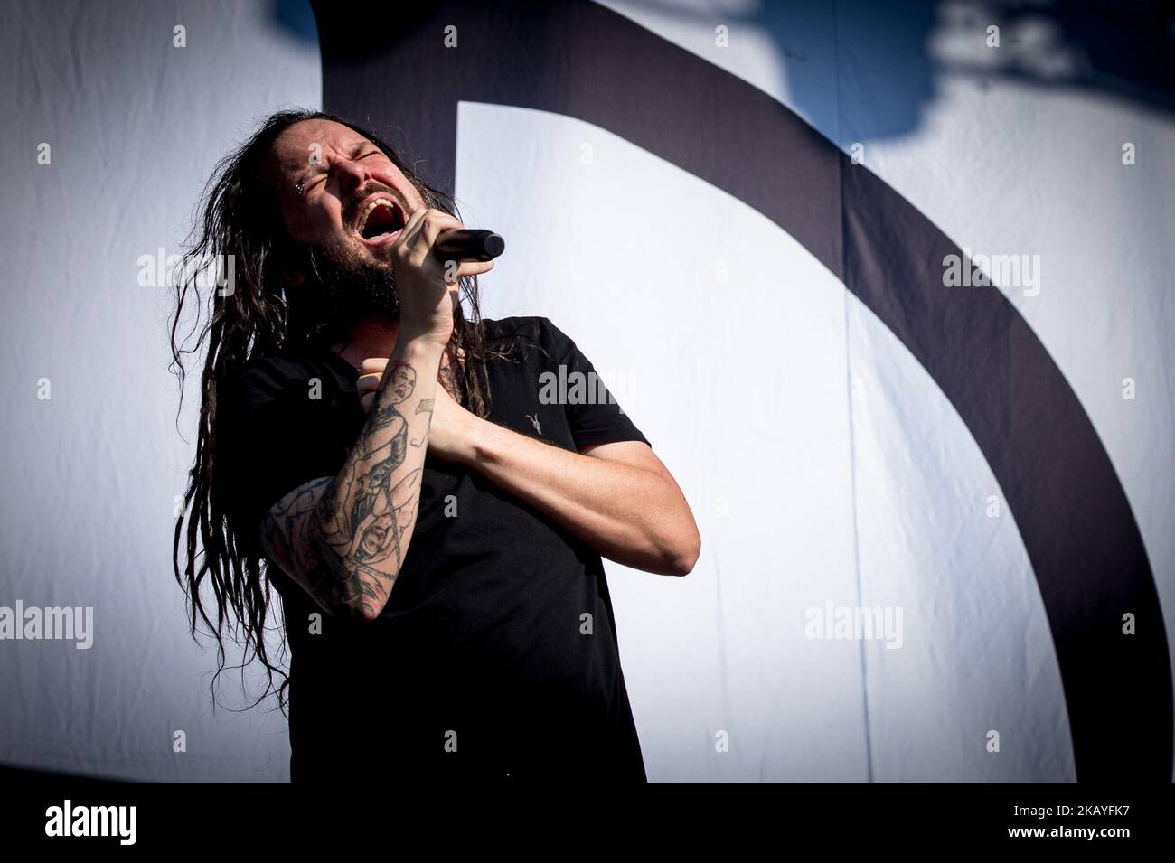 American singer and musician Jonathan Davis best known as the lead vocalist and frontman of Nu Metal band Korn performs live on stage during Firenze Rocks festival at Visarno Arena , Florence, Italy on 16 June 2018. (Photo by Giuseppe Maffia/NurPhoto) Stock Photo
