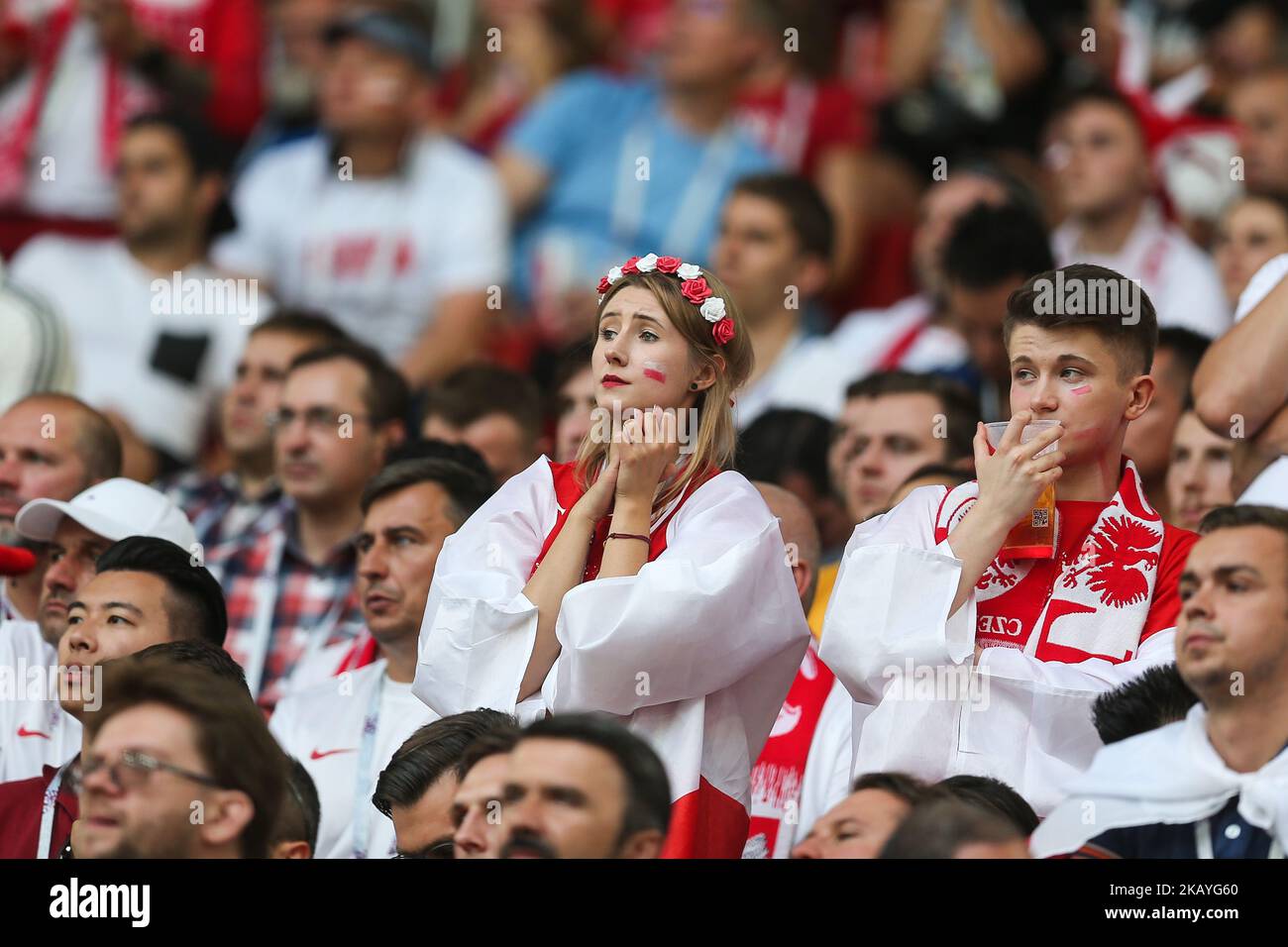 Polscy kibice during the 2018 FIFA World Cup Russia group H match between Poland and Senegal at Spartak Stadium on June 19, 2018 in Moscow, Russia. (Photo by Tomasz Jastrzebowski/NurPhoto) Stock Photo