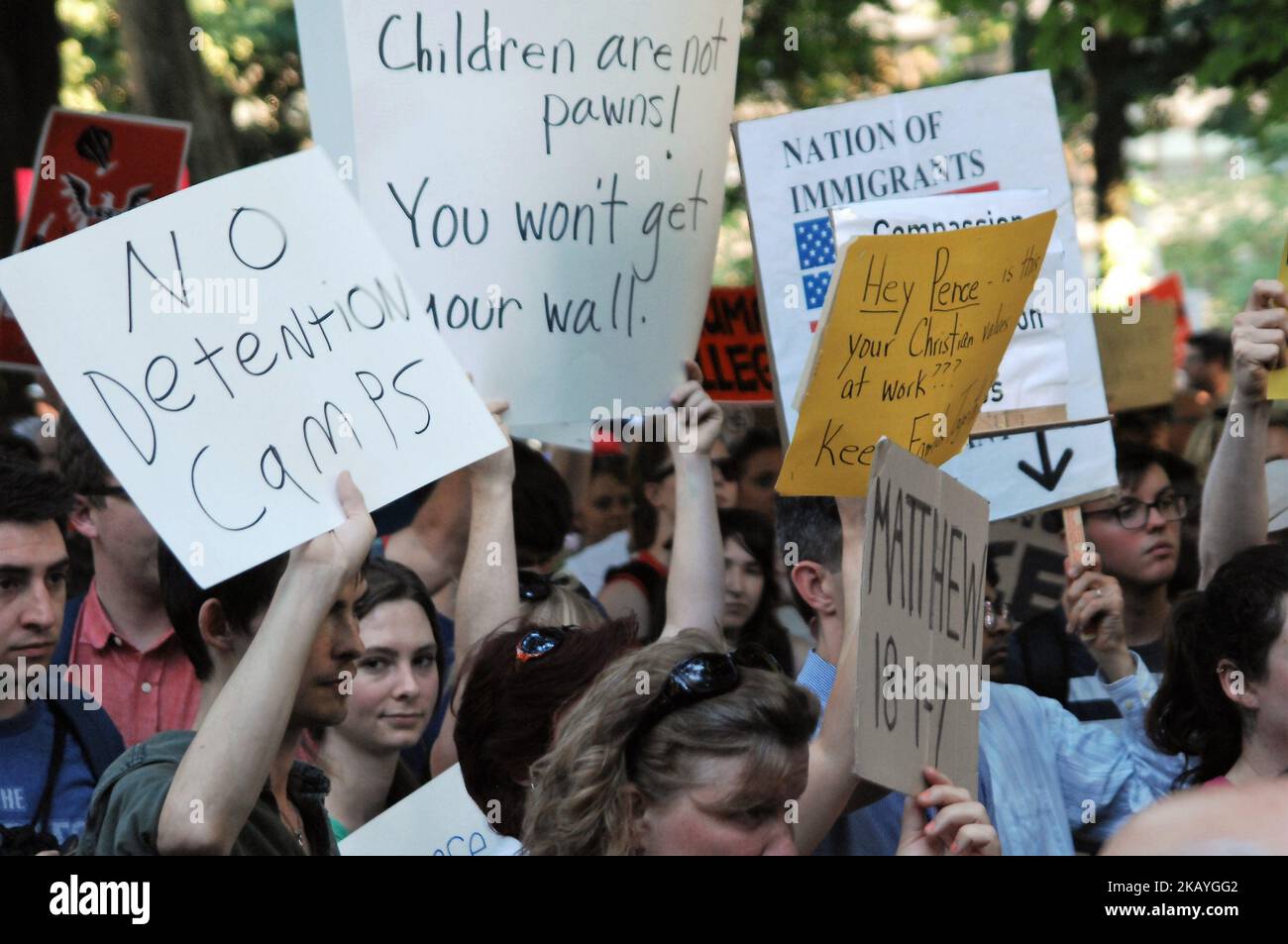 Thousands of Philadelphians gathered in Rittenhouse Square to Protest a GOP fundraiser where Mike Pence was speaking over the Trump administrations immigration policy that separates the children of families seeking refugee status at the US - Mexico border in Philadelphia on June 19, 2018. (Photo by Cory Clark/NurPhoto) Stock Photo