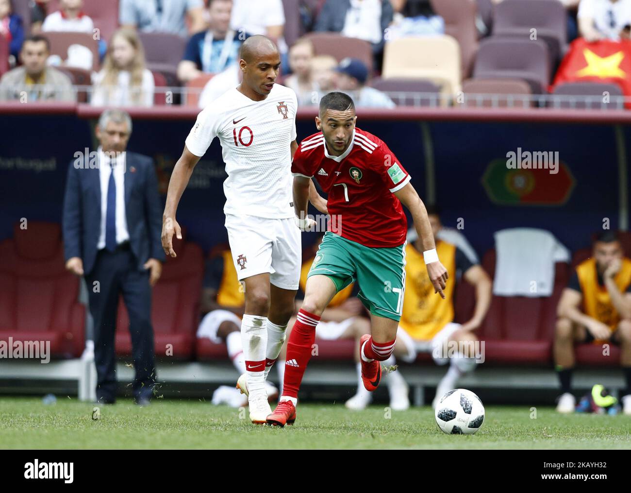 Group B Portugal v Morocco - FIFA World Cup Russia 2018 Joao Mario (Portugal) and Hakim Ziyach (Morocco) at Luzhniki Stadium in Moscow, Russia on June 20, 2018. (Photo by Matteo Ciambelli/NurPhoto)  Stock Photo