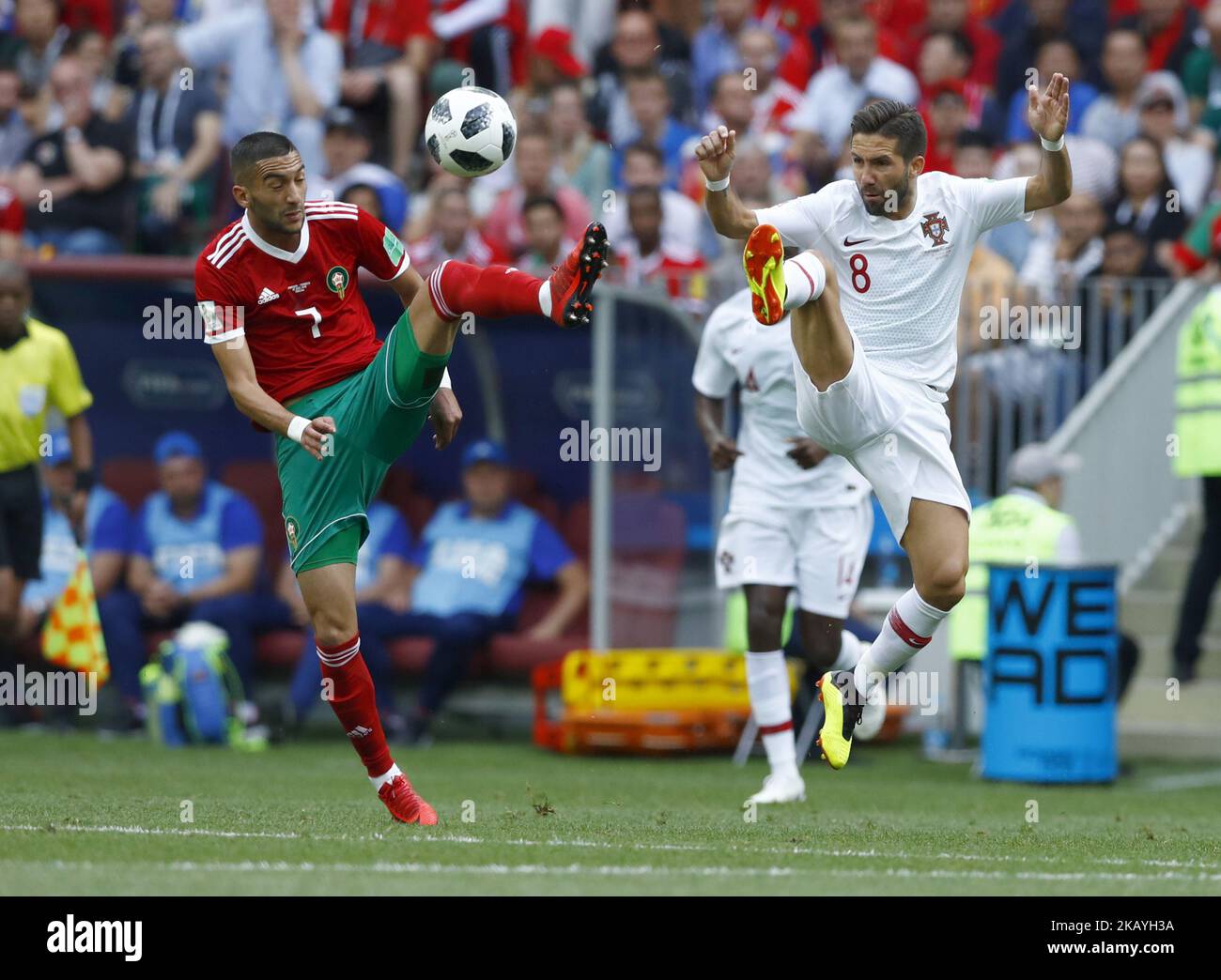 Group B Portugal v Morocco - FIFA World Cup Russia 2018 Hakim Ziyach (Morocco) and Joao Moutinho (Portugal) at Luzhniki Stadium in Moscow, Russia on June 20, 2018. (Photo by Matteo Ciambelli/NurPhoto)  Stock Photo