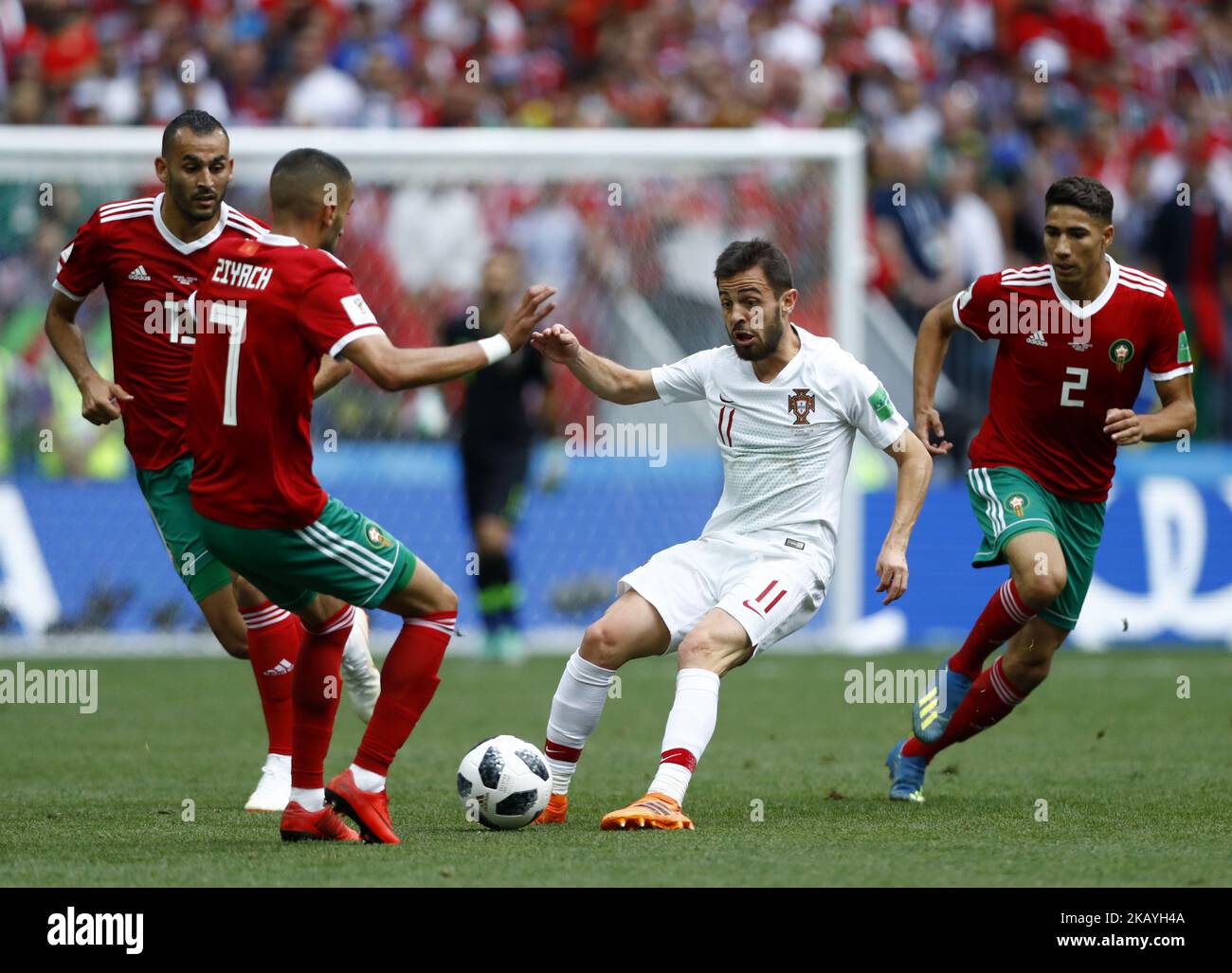 Group B Portugal v Morocco - FIFA World Cup Russia 2018 Hakim Ziyach (Morocco) and Bernanrdo Silva (Portugal) at Luzhniki Stadium in Moscow, Russia on June 20, 2018. (Photo by Matteo Ciambelli/NurPhoto)  Stock Photo