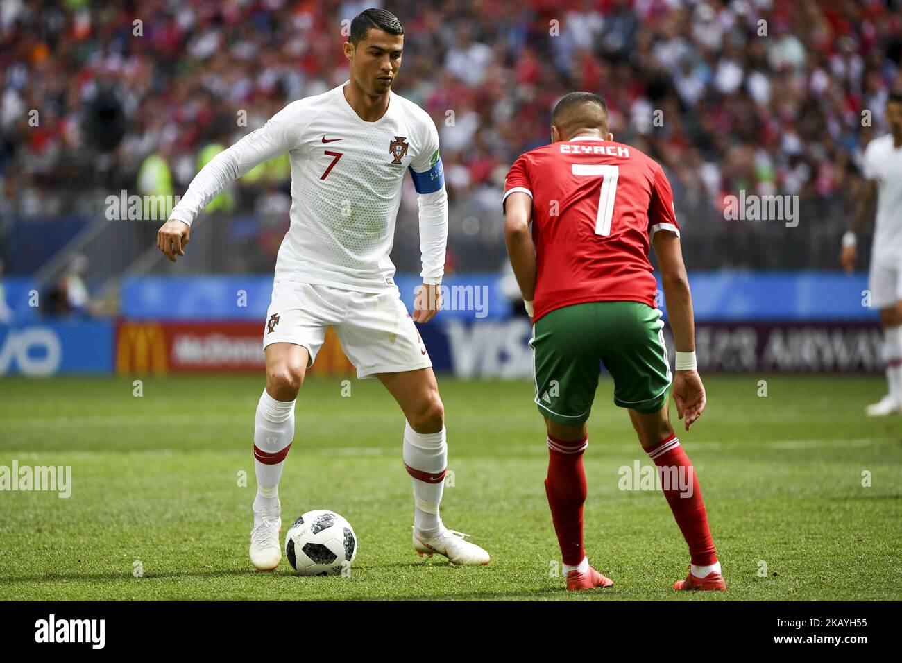 Cristiano Ronaldo of Portugal and Hakim Ziyach of Morocco during the 2018 FIFA World Cup Group B match between Portugal and Morocco at Luzhniki Stadium in Moscow, Russia on June 20, 2018 (Photo by Andrew Surma/NurPhoto) Stock Photo