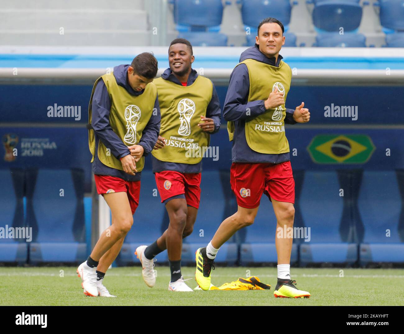 (L to R) Cristian Gamboa, Joel Campbell, Keylor Navas of Costa Rica national team during a Costa Rica national team training session during the FIFA World Cup 2018 on June 21, 2018 at Saint Petersburg Stadium in Saint Petersburg, Russia. (Photo by Mike Kireev/NurPhoto) Stock Photo
