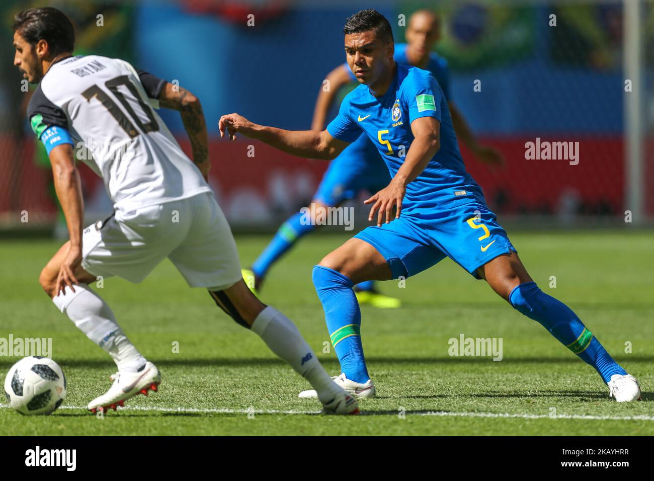 Bryan Ruiz (L) of the Costa Rica national football team and Casemiro of the Brazil national football team vie for the ball during the 2018 FIFA World Cup match, first stage - Group E between Brazil and Costa Rica at Saint Petersburg Stadium on June 22, 2018 in St. Petersburg, Russia. (Photo by Igor Russak/NurPhoto) Stock Photo