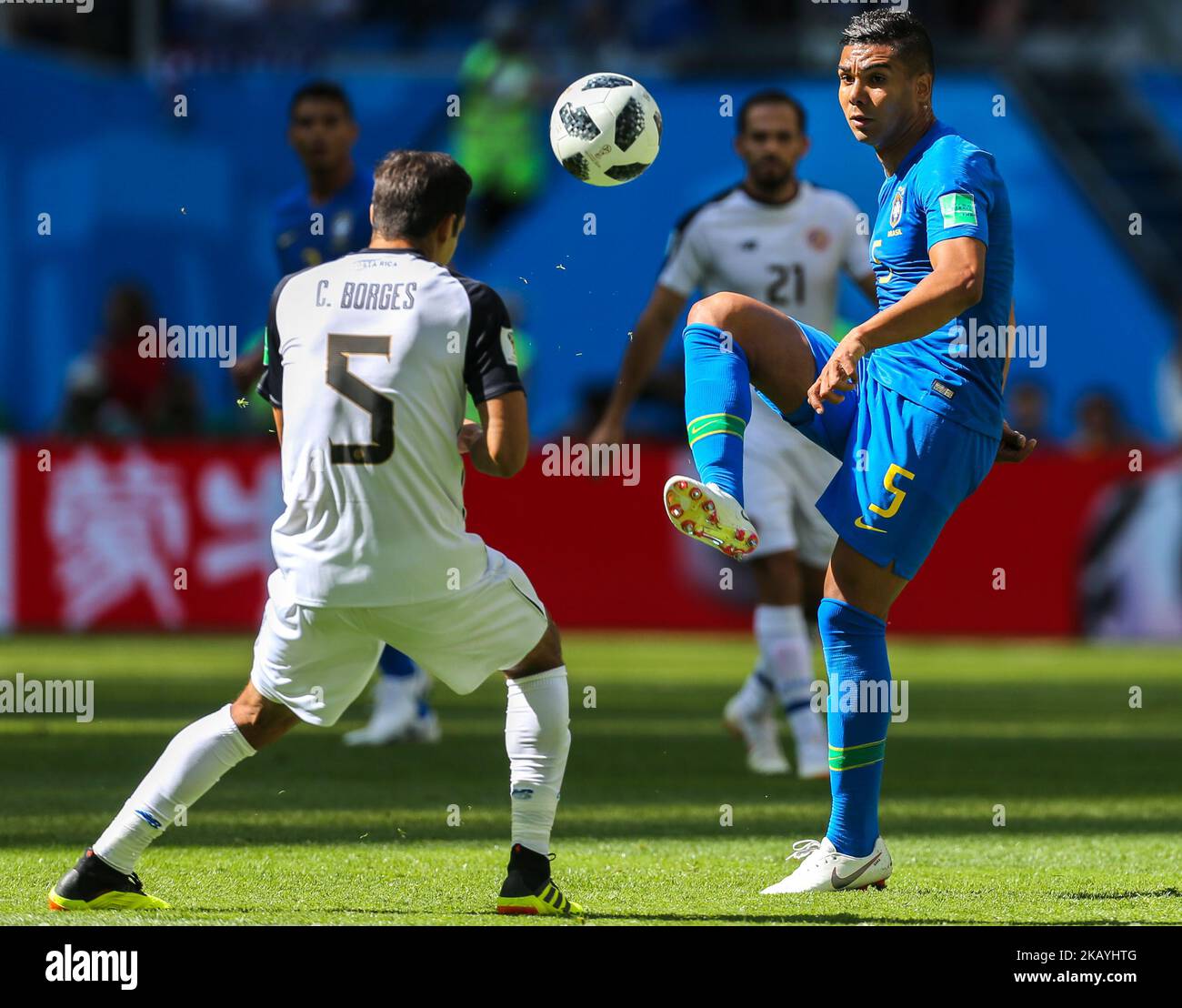 Celso Borges (L) of the Costa Rica national football team and Casemiro of the Brazil national football team vie for the ball during the 2018 FIFA World Cup match, first stage - Group E between Brazil and Costa Rica at Saint Petersburg Stadium on June 22, 2018 in St. Petersburg, Russia. (Photo by Igor Russak/NurPhoto) Stock Photo