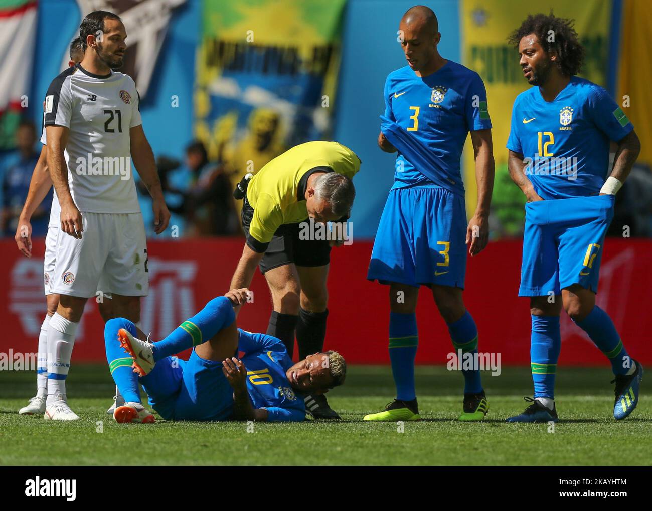 Marcos Urena of the Costa Rica national football team and Neymar, Miranda, Marcelo (L-R) of the Brazil national football team during the 2018 FIFA World Cup match, first stage - Group E between Brazil and Costa Rica at Saint Petersburg Stadium on June 22, 2018 in St. Petersburg, Russia. (Photo by Igor Russak/NurPhoto) Stock Photo