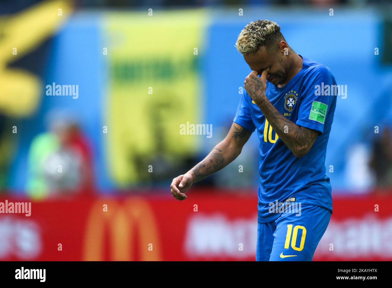 Neymar of the Brazil national football team reacts after scoring a goal during the 2018 FIFA World Cup match, first stage - Group E between Brazil and Costa Rica at Saint Petersburg Stadium on June 22, 2018 in St. Petersburg, Russia. (Photo by Igor Russak/NurPhoto) Stock Photo