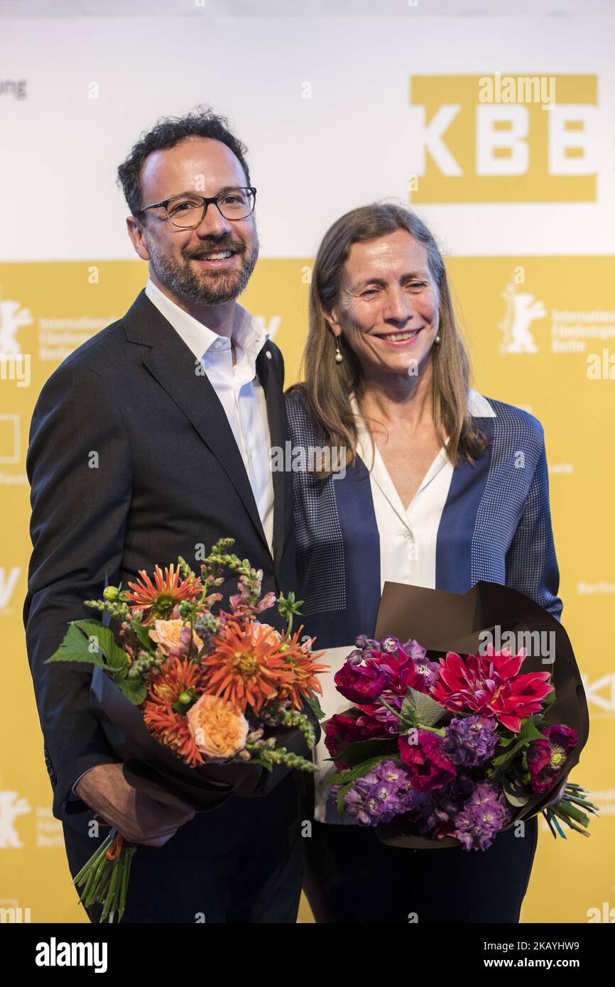Former Italian director of Locarno Film Festival Carlo Chatrian (L) and Dutch Mariette Rissenbeek (R) are pictured during a press conference in Berlin, Germany on June 22, 2018. Chatrian and Rissenbeek have been nominated respectively artistic director and managing director of the Berlinale Film Festival and will succeed Dieter Kosslick starting their activity 2020. (Photo by Emmanuele Contini/NurPhoto) Stock Photo