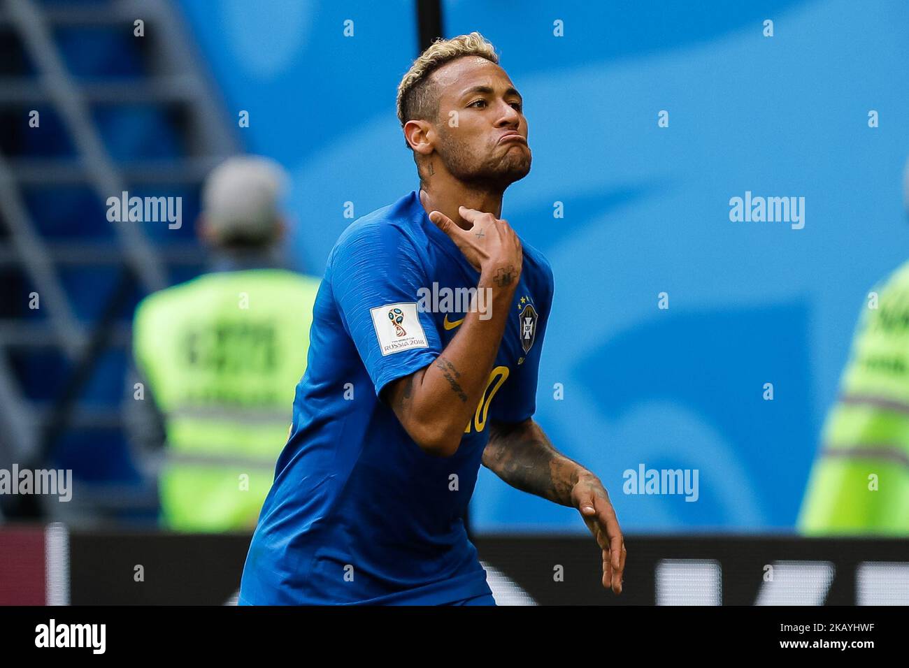 Neymar of Brazil national team celebrates his goal during the 2018 FIFA World Cup Russia group E match between Brazil and Costa Rica on June 22, 2018 at Saint Petersburg Stadium in Saint Petersburg, Russia. (Photo by Mike Kireev/NurPhoto) Stock Photo