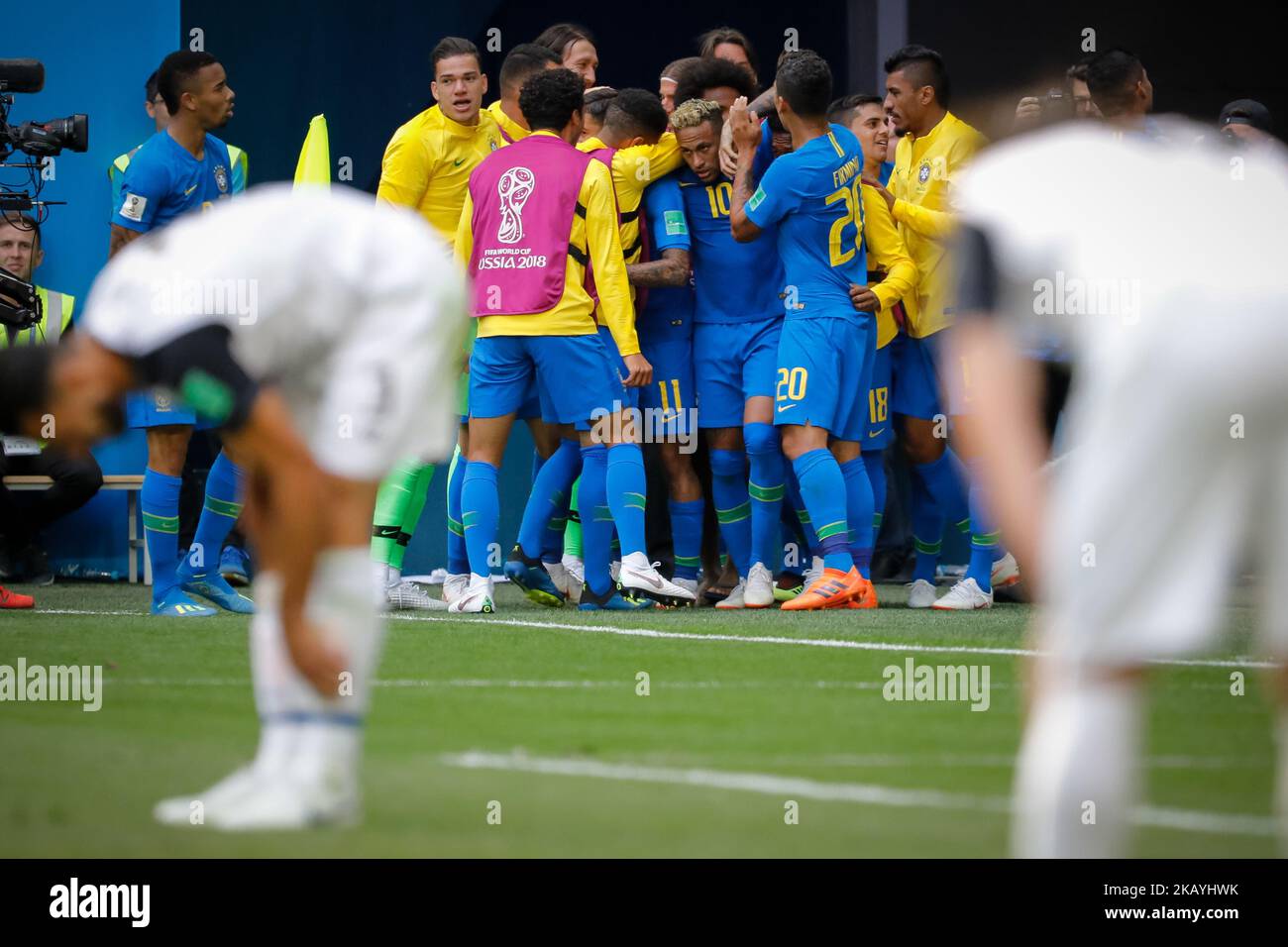 Neymar of Brazil national team celebrates a goal with teammates during the 2018 FIFA World Cup Russia group E match between Brazil and Costa Rica on June 22, 2018 at Saint Petersburg Stadium in Saint Petersburg, Russia. (Photo by Mike Kireev/NurPhoto) Stock Photo