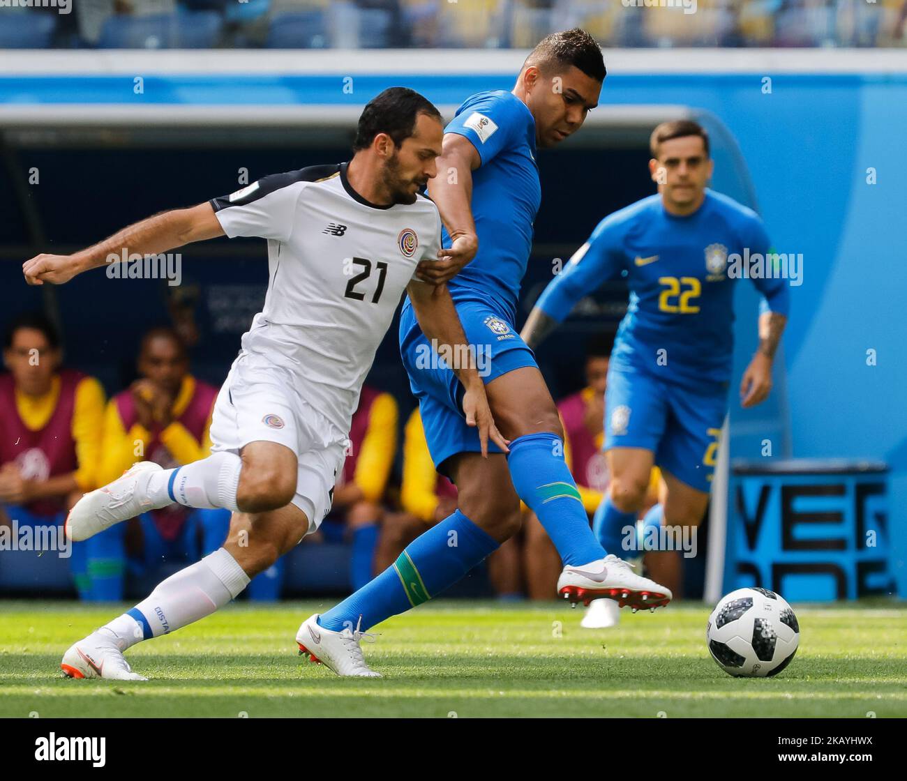 Casemiro (C) of Brazil national team and Marcos Urena (L) of Costa Rica national team vie for the ball during the 2018 FIFA World Cup Russia group E match between Brazil and Costa Rica on June 22, 2018 at Saint Petersburg Stadium in Saint Petersburg, Russia. (Photo by Mike Kireev/NurPhoto) Stock Photo