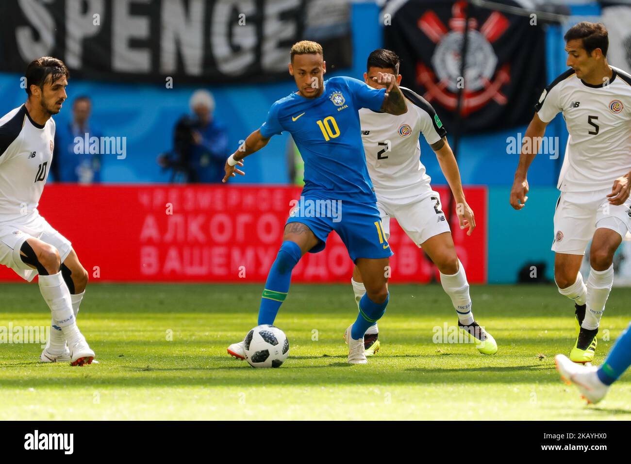 Neymar (C) of Brazil national team in action against Bryan Ruiz (L), Johnny Acosta and Celso Borges (R) of Costa Rica national team during the 2018 FIFA World Cup Russia group E match between Brazil and Costa Rica on June 22, 2018 at Saint Petersburg Stadium in Saint Petersburg, Russia. (Photo by Mike Kireev/NurPhoto) Stock Photo