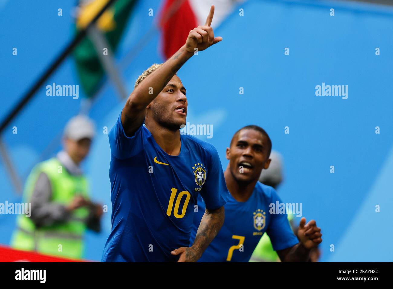 Neymar of Brazil national team celebrates his goal with Douglas Costa during the 2018 FIFA World Cup Russia group E match between Brazil and Costa Rica on June 22, 2018 at Saint Petersburg Stadium in Saint Petersburg, Russia. (Photo by Mike Kireev/NurPhoto) Stock Photo
