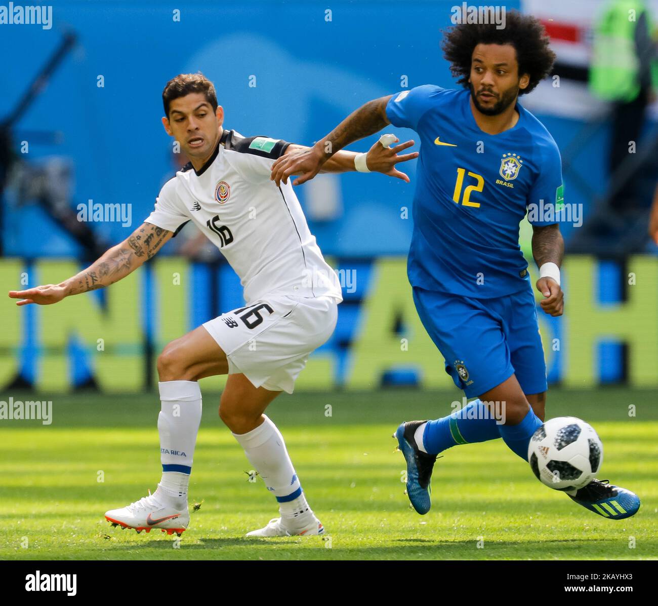 Marcelo (R) of Brazil national team and Cristian Gamboa of Costa Rica national team vie for the ball during the 2018 FIFA World Cup Russia group E match between Brazil and Costa Rica on June 22, 2018 at Saint Petersburg Stadium in Saint Petersburg, Russia. (Photo by Mike Kireev/NurPhoto) Stock Photo