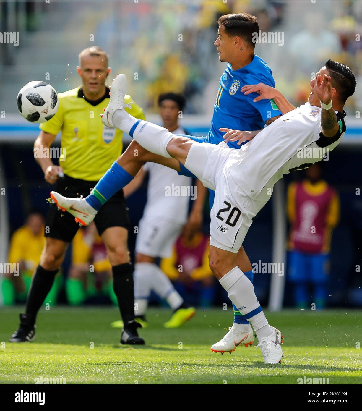Philippe Coutinho (C) of Brazil national team and David Guzman of Costa Rica national team vie for the ball during the 2018 FIFA World Cup Russia group E match between Brazil and Costa Rica on June 22, 2018 at Saint Petersburg Stadium in Saint Petersburg, Russia. (Photo by Mike Kireev/NurPhoto) Stock Photo