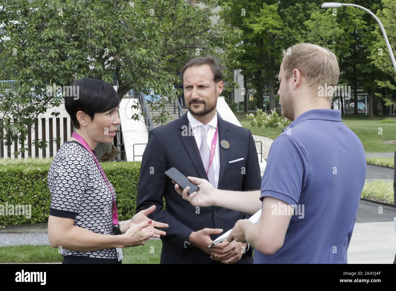 Haakon, Crown Prince of Norway and Ine Eriksen Soreide Norwegian Minister of Foreign Affairs During the launch of Norways campaign for an elected seat in the Security Council, term 2021-2022 today at the UN Headquarters Rose Garden in New York, NY on June 22, 2018. (Photo by Luiz Rampelotto/NurPhoto) Stock Photo