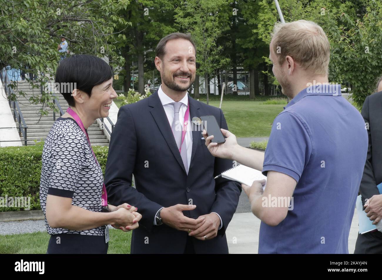 Haakon, Crown Prince of Norway and Ine Eriksen Soreide Norwegian Minister of Foreign Affairs During the launch of Norways campaign for an elected seat in the Security Council, term 2021-2022 today at the UN Headquarters Rose Garden in New York, NY on June 22, 2018. (Photo by Luiz Rampelotto/NurPhoto) Stock Photo