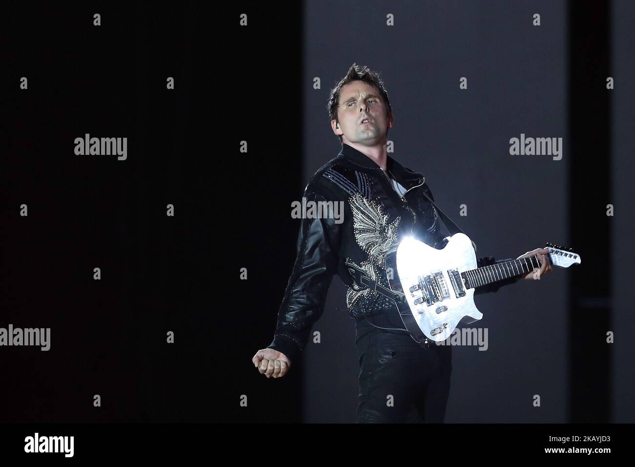 British rock band Muse lead singer Matthew Bellamy performs at the Rock in Rio Lisbon 2018 music festival in Lisbon, Portugal, on June 23, 2018. ( Photo by Pedro Fiúza/NurPhoto) Stock Photo
