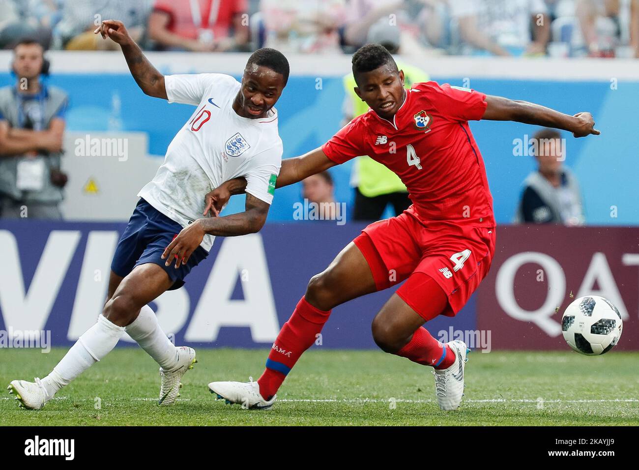 Raheem Sterling (L) of England national team and Fidel Escobar of Panama national team vie for the ball during the 2018 FIFA World Cup Russia group G match between England and Panama on June 24, 2018 at Nizhny Novgorod Stadium in Nizhny Novgorod, Russia. (Photo by Mike Kireev/NurPhoto) Stock Photo