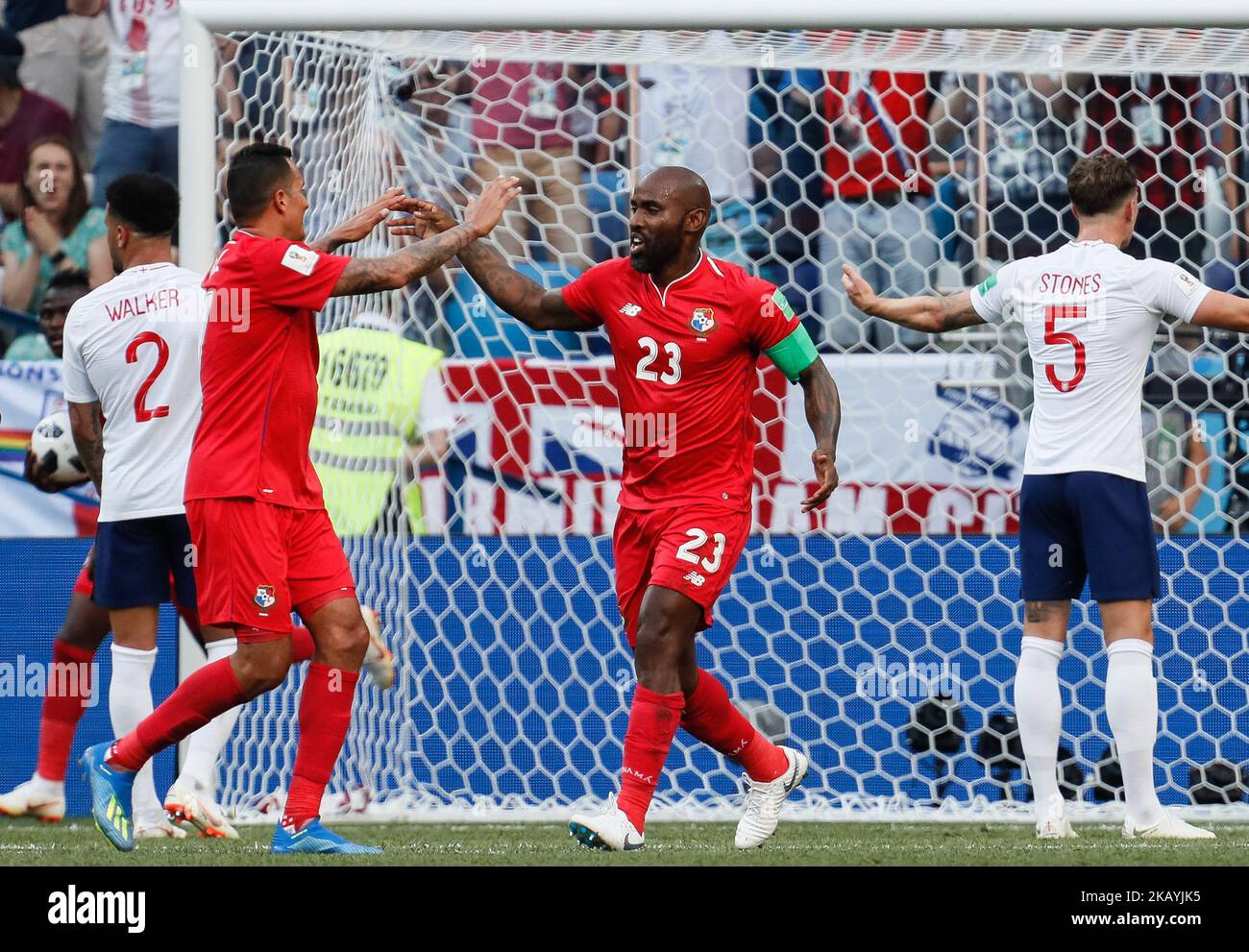 Felipe Baloy (C) of Panama national team celebrates his goal with Blas Perez during the 2018 FIFA World Cup Russia group G match between England and Panama on June 24, 2018 at Nizhny Novgorod Stadium in Nizhny Novgorod, Russia. (Photo by Mike Kireev/NurPhoto) Stock Photo
