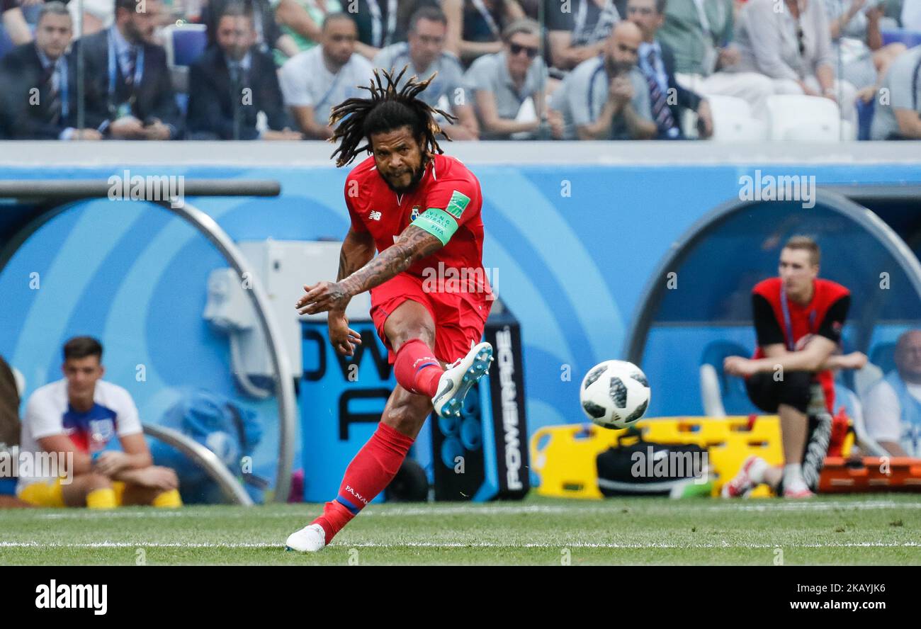 Roman Torres of Panama national team passes the ball during the 2018 FIFA World Cup Russia group G match between England and Panama on June 24, 2018 at Nizhny Novgorod Stadium in Nizhny Novgorod, Russia. (Photo by Mike Kireev/NurPhoto) Stock Photo