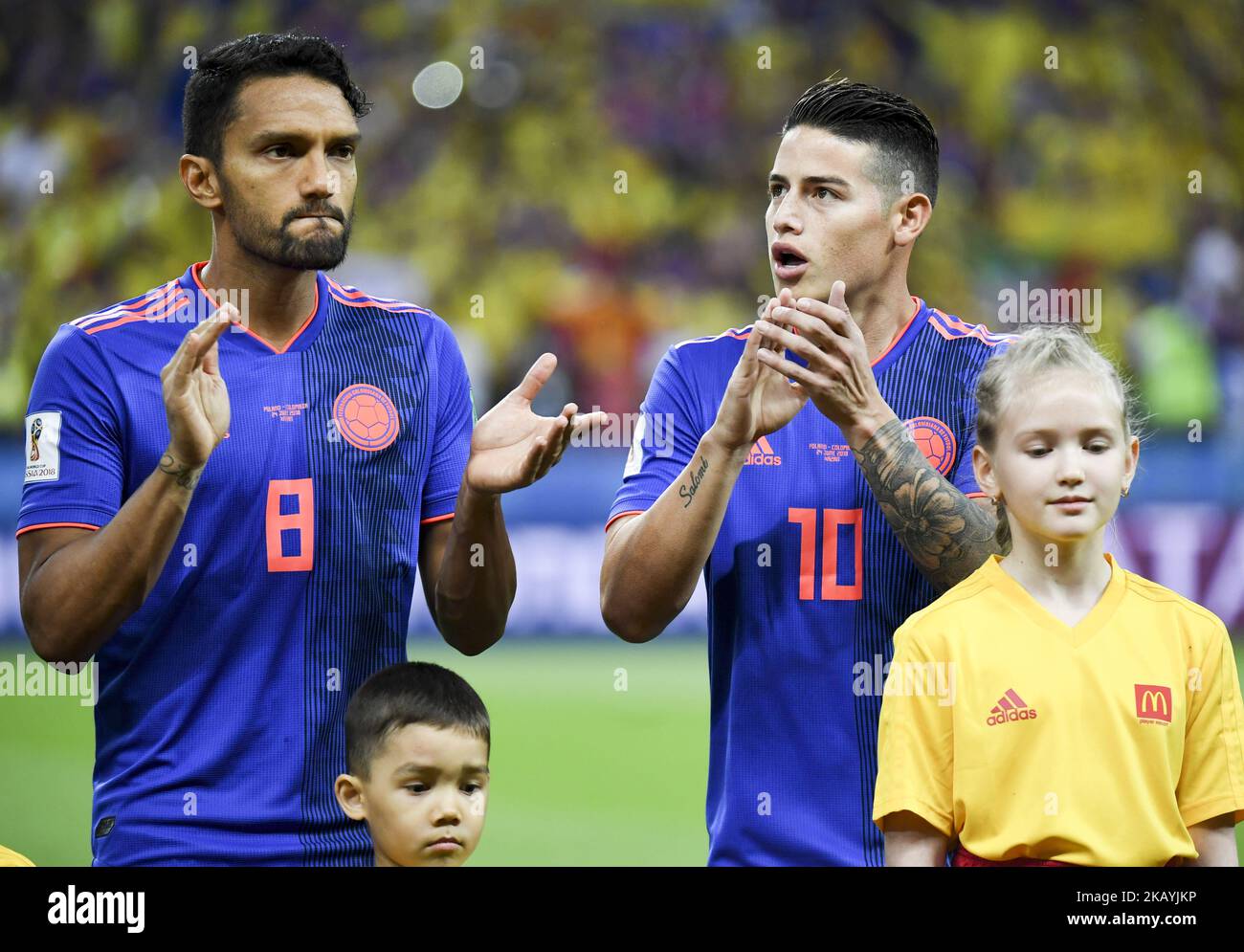 James Rodriguez and Abel Aguilar of Colombia during the 2018 FIFA World Cup Group H match between Poland and Colombia at Kazan Arena in Kazan, Russia on June 24, 2018 (Photo by Andrew Surma/NurPhoto) Stock Photo
