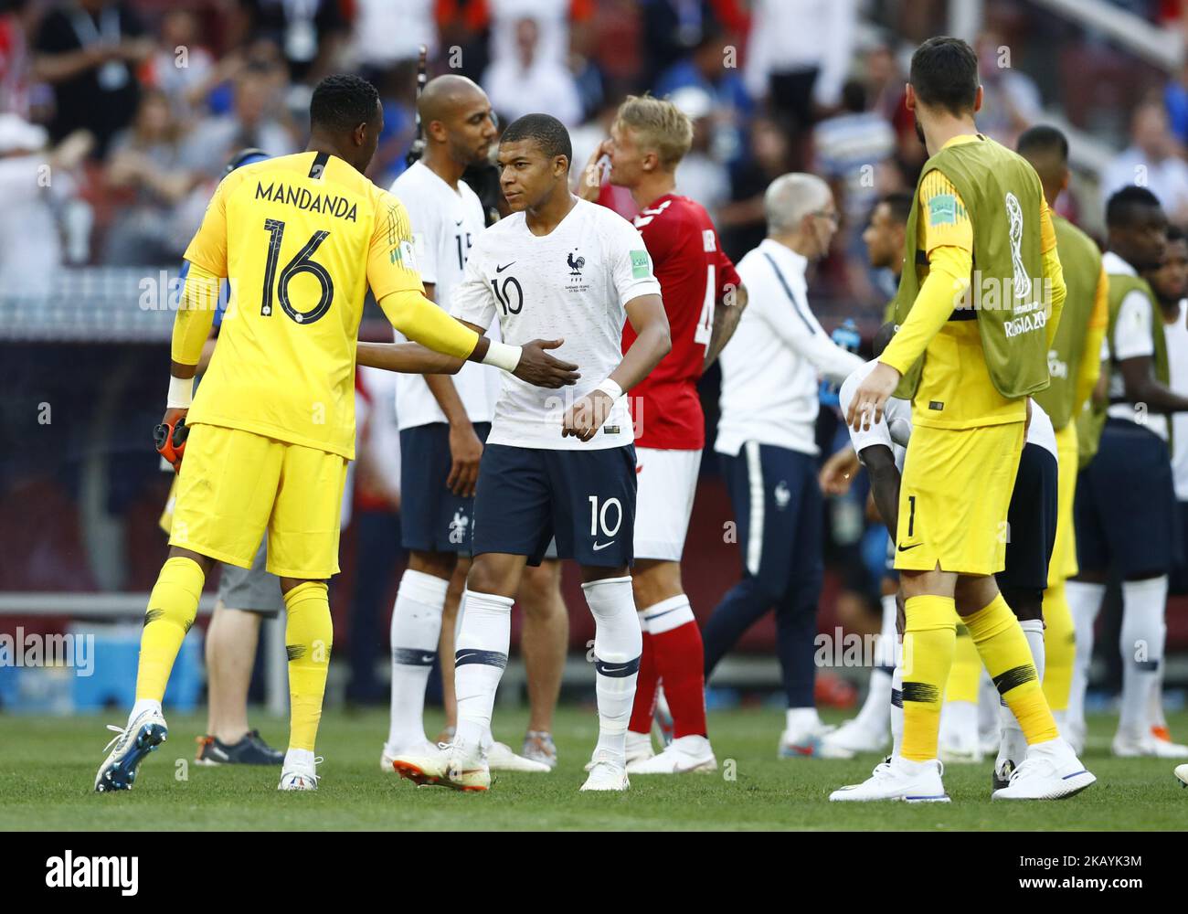 Group C France v Denmark - FIFA World Cup Russia 2018 Steve Mandanda (France) and Kylian Mbappe (France) at Luzhniki Stadium in Moscow, Russia on June 26, 2018. (Photo by Matteo Ciambelli/NurPhoto)  Stock Photo