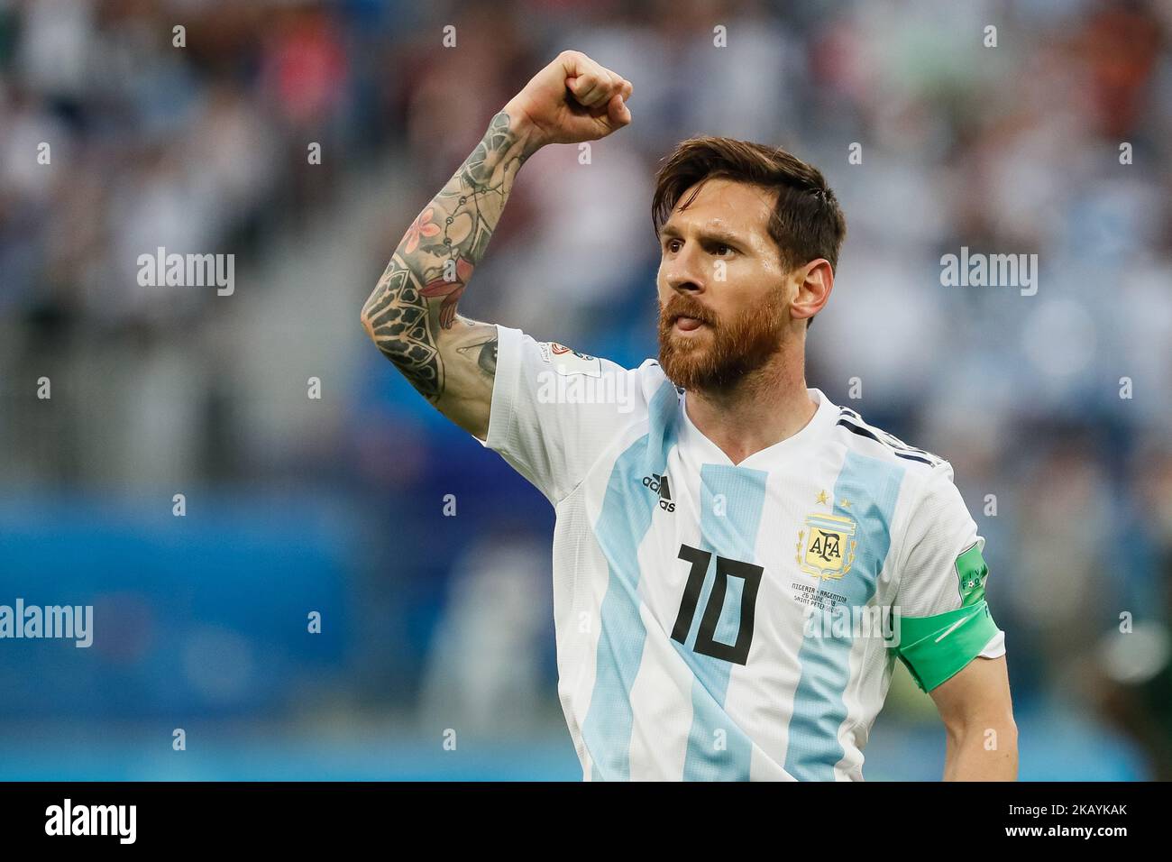 Lionel Messi (C) of Argentina national team celebrates his goal during the 2018 FIFA World Cup Russia group D match between Nigeria and Argentina on June 26, 2018 at Saint Petersburg Stadium in Saint Petersburg, Russia. (Photo by Mike Kireev/NurPhoto) Stock Photo