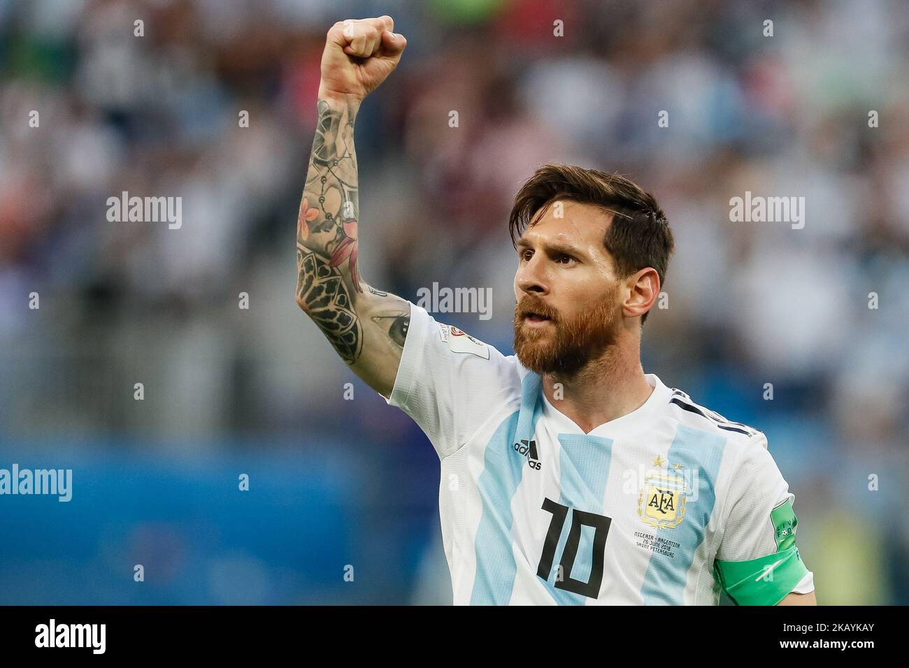 Lionel Messi (C) of Argentina national team celebrates his goal during the 2018 FIFA World Cup Russia group D match between Nigeria and Argentina on June 26, 2018 at Saint Petersburg Stadium in Saint Petersburg, Russia. (Photo by Mike Kireev/NurPhoto) Stock Photo