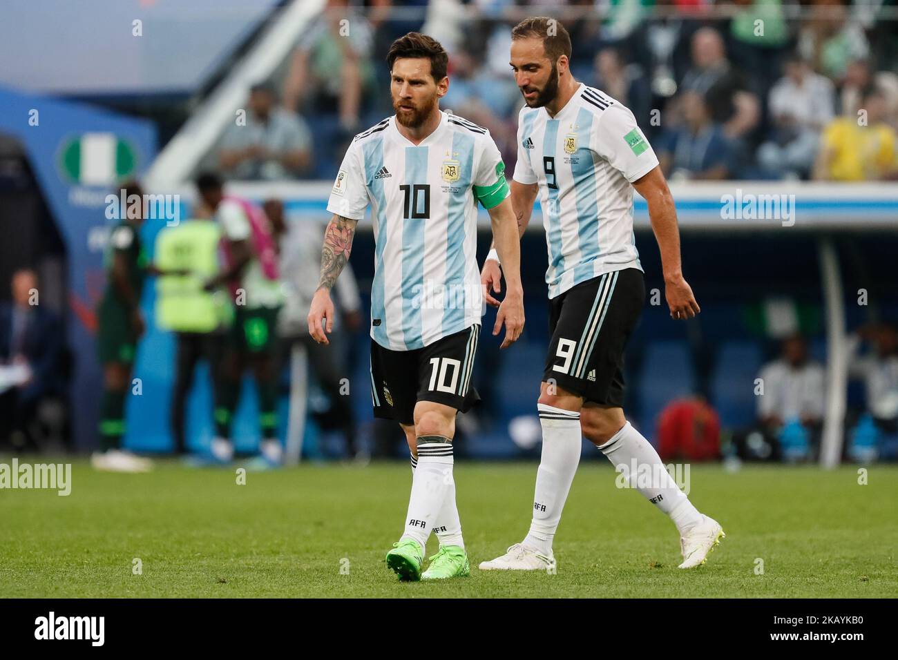 Lionel Messi (L) and Gonzalo Higuain of Argentina national team during the 2018 FIFA World Cup Russia group D match between Nigeria and Argentina on June 26, 2018 at Saint Petersburg Stadium in Saint Petersburg, Russia. (Photo by Mike Kireev/NurPhoto) Stock Photo