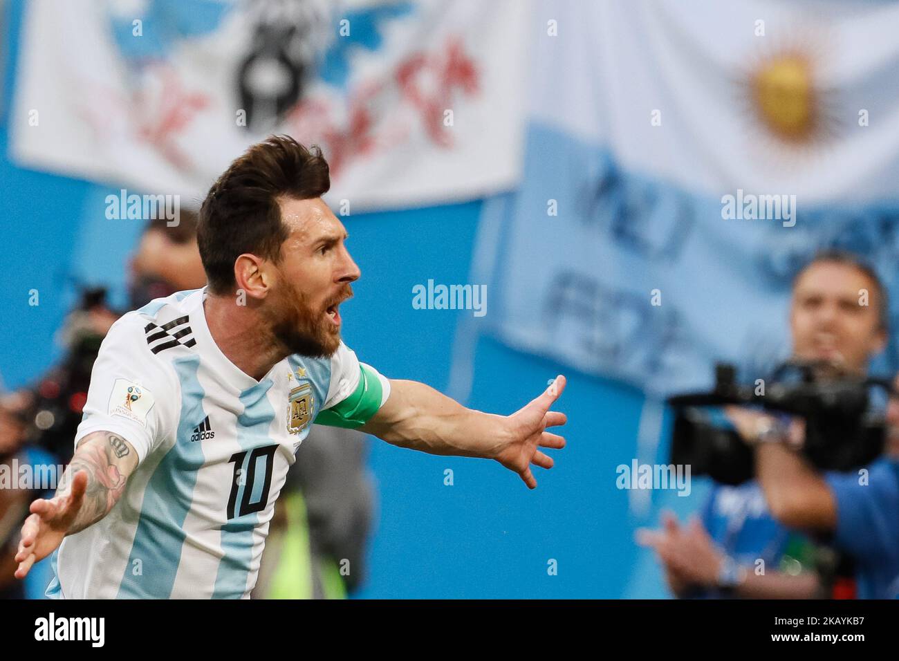 Lionel Messi of Argentina national team celebrates his goal during the 2018 FIFA World Cup Russia group D match between Nigeria and Argentina on June 26, 2018 at Saint Petersburg Stadium in Saint Petersburg, Russia. (Photo by Mike Kireev/NurPhoto) Stock Photo