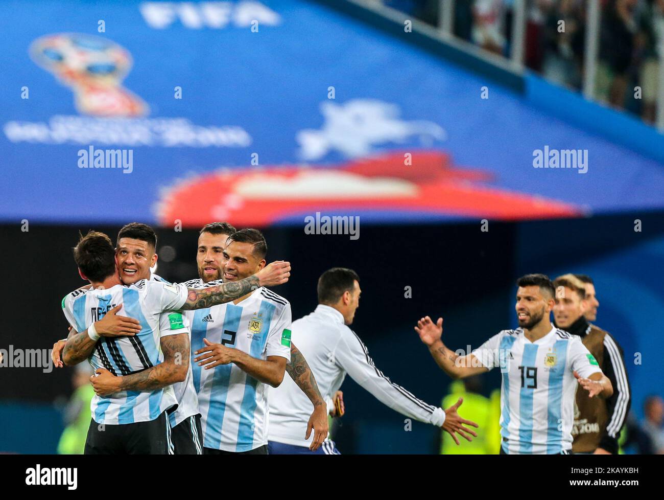 Players of the Argentina national football team celebrates after the 2018 FIFA World Cup match, first stage - Group D between Nigeria and Argentina at Saint Petersburg Stadium on June 26, 2018 in St. Petersburg, Russia. (Photo by Igor Russak/NurPhoto) Stock Photo