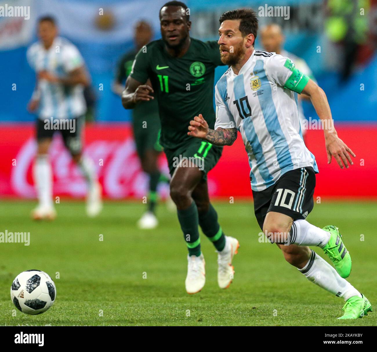 Lionel Messi of the Argentina national football team vie for the ball during the 2018 FIFA World Cup match, first stage - Group D between Nigeria and Argentina at Saint Petersburg Stadium on June 26, 2018 in St. Petersburg, Russia. (Photo by Igor Russak/NurPhoto) Stock Photo