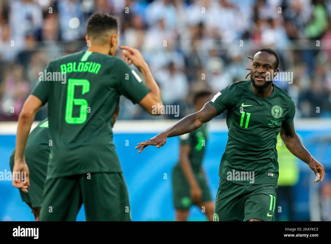 Victor Moses (R) of the Nigeria national football team reacts the 2018 FIFA World Cup match, first stage - Group D between Nigeria and Argentina at Saint Petersburg Stadium on June 26, 2018 in St. Petersburg, Russia. (Photo by Igor Russak/NurPhoto) Stock Photo