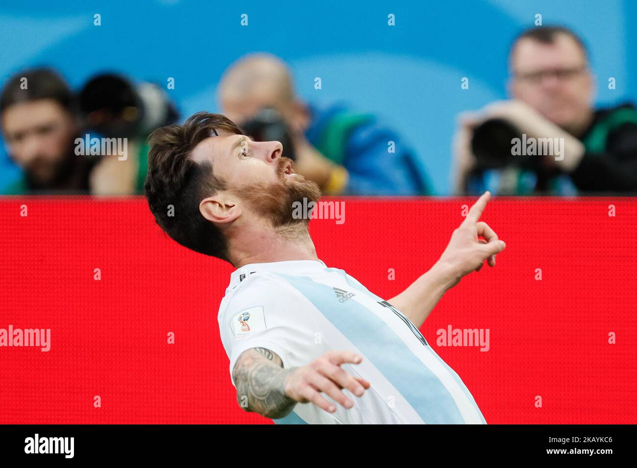 Lionel Messi of Argentina national team celebrates his goal during the 2018 FIFA World Cup Russia group D match between Nigeria and Argentina on June 26, 2018 at Saint Petersburg Stadium in Saint Petersburg, Russia. (Photo by Mike Kireev/NurPhoto) Stock Photo