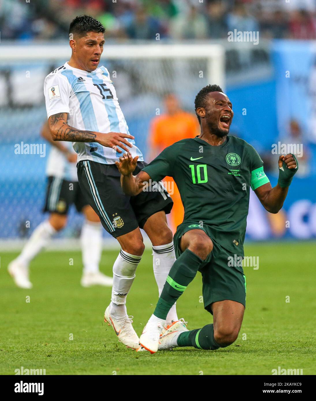 Manuel Lanzini (L) of the Argentina national football team and John Obi Mikel of the Nigeria national football team vie for the ball during the 2018 FIFA World Cup match, first stage - Group D between Nigeria and Argentina at Saint Petersburg Stadium on June 26, 2018 in St. Petersburg, Russia. (Photo by Igor Russak/NurPhoto) Stock Photo