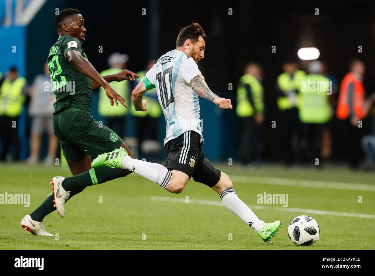 Kenneth Omeruo of Nigeria national team defends as Lionel Messi of Argentina national team shoots to score a goal during the 2018 FIFA World Cup Russia group D match between Nigeria and Argentina on June 26, 2018 at Saint Petersburg Stadium in Saint Petersburg, Russia. (Photo by Mike Kireev/NurPhoto) Stock Photo