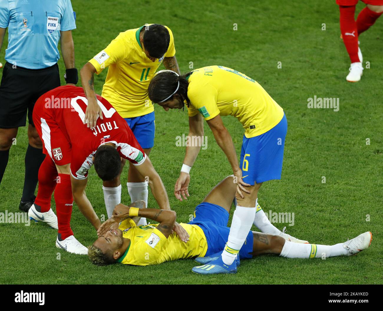 Group E Serbia v Brazil - FIFA World Cup Russia 2018 Neymar (Brazil) and Dusan Tadic (Serbia) after a tackle at Spartak Stadium in Moscow, Russia on June 27, 2018. (Photo by Matteo Ciambelli/NurPhoto)  Stock Photo